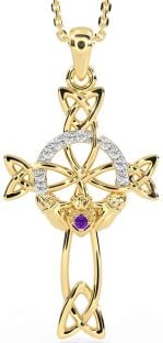 Diamond Amethyst Gold Silver Claddagh Celtic Cross Necklace