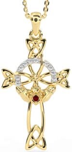 Diamond Garnet Gold Silver Claddagh Celtic Cross Necklace