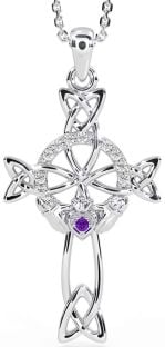 Diamond Amethyst Silver Claddagh Celtic Cross Necklace