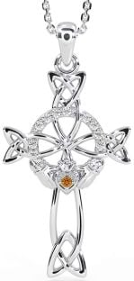 Diamond Citrine Silver Claddagh Celtic Cross Necklace