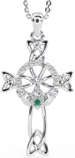 Diamond Emerald Silver Claddagh Celtic Cross Necklace