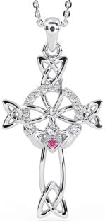 Diamond Pink Tourmaline Silver Claddagh Celtic Cross Necklace