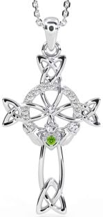 Diamond Peridot Silver Claddagh Celtic Cross Necklace