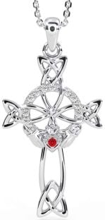 Diamond Ruby Silver Claddagh Celtic Cross Necklace