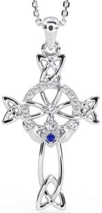 Diamond Sapphire Silver Claddagh Celtic Cross Necklace