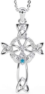 Diamond Topaz Silver Claddagh Celtic Cross Necklace