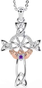 Diamond Amethyst Rose Gold Silver Claddagh Celtic Cross Necklace