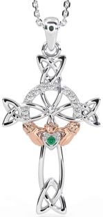 Diamond Emerald Rose Gold Silver Claddagh Celtic Cross Necklace