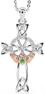 Diamond Peridot Rose Gold Silver Claddagh Celtic Cross Necklace