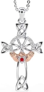 Diamond Ruby Rose Gold Silver Claddagh Celtic Cross Necklace