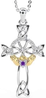 Diamond Amethyst Gold Silver Claddagh Celtic Cross Necklace