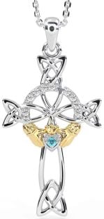 Diamond Aquamarine Gold Silver Claddagh Celtic Cross Necklace