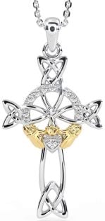 Diamond Gold Silver Claddagh Celtic Cross Necklace