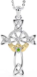 Diamond Peridot Gold Silver Claddagh Celtic Cross Necklace