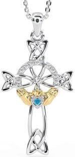 Diamond Topaz Gold Silver Claddagh Celtic Cross Necklace