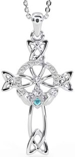 Diamond Aquamarine White Gold Claddagh Celtic Cross Necklace