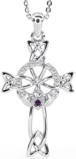 Diamond Alexandrite White Gold Claddagh Celtic Cross Necklace