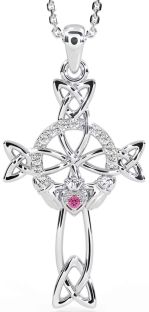 Diamond Pink Tourmaline White Gold Claddagh Celtic Cross Necklace