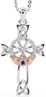 Diamond Alexandrite White Rose Gold Claddagh Celtic Cross Necklace