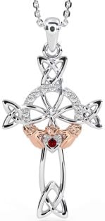 Diamond Garnet White Rose Gold Claddagh Celtic Cross Necklace