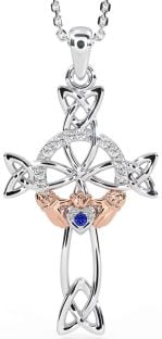 Diamond Sapphire White Rose Gold Claddagh Celtic Cross Necklace