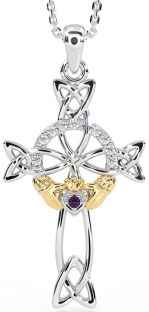 Diamond Alexandrite White Yellow Gold Claddagh Celtic Cross Necklace