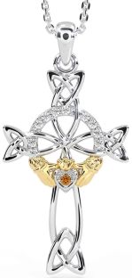 Diamond Citrine White Yellow Gold Claddagh Celtic Cross Necklace