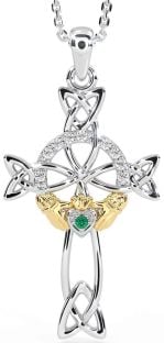 Diamond Emerald White Yellow Gold Claddagh Celtic Cross Necklace