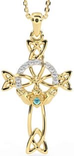 Diamond Aquamarine Gold Claddagh Celtic Cross Necklace