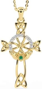 Diamond Emerald Gold Claddagh Celtic Cross Necklace