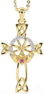 Diamond Pink Tourmaline Gold Claddagh Celtic Cross Necklace