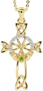 Diamond Peridot Gold Claddagh Celtic Cross Necklace