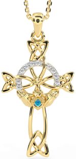 Diamond Topaz Gold Claddagh Celtic Cross Necklace