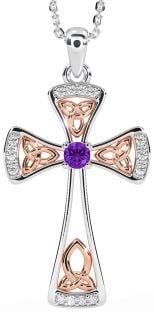 Diamond Amethyst Rose Gold Silver Celtic Cross Necklace