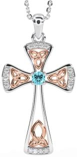 Diamond Aquamarine Rose Gold Silver Celtic Cross Necklace