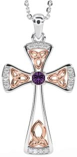 Diamond Alexandrite Rose Gold Silver Celtic Cross Necklace