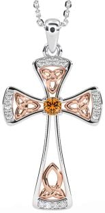 Diamond Citrine Rose Gold Silver Celtic Cross Necklace