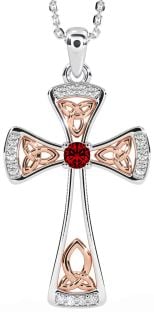 Diamond Garnet Rose Gold Silver Celtic Cross Necklace