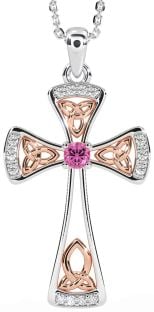 Diamante Rosa Turmalina Rosa Ouro Prata céltico Cruzar Colar