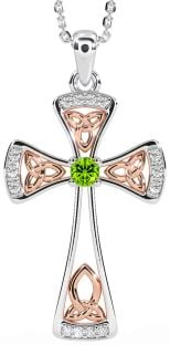 Diamond Peridot Rose Gold Silver Celtic Cross Necklace