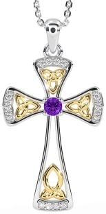 Diamond Amethyst Gold Silver Celtic Cross Necklace