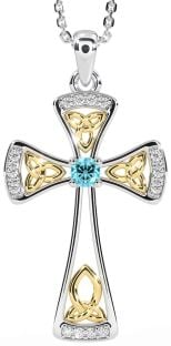 Diamond Aquamarine Gold Silver Celtic Cross Necklace