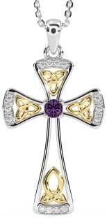 Diamond Alexandrite Gold Silver Celtic Cross Necklace