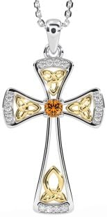 Diamond Citrine Gold Silver Celtic Cross Necklace