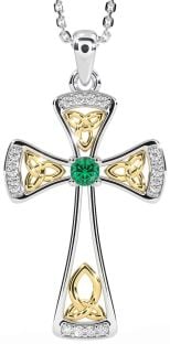 Diamond Emerald Gold Silver Celtic Cross Necklace