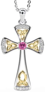 Diamond Pink Tourmaline Gold Silver Celtic Cross Necklace