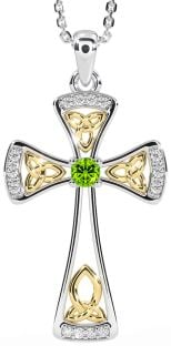 Diamond Peridot Gold Silver Celtic Cross Necklace