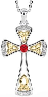 Diamond Ruby Gold Silver Celtic Cross Necklace