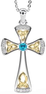 Diamond Topaz Gold Silver Celtic Cross Necklace