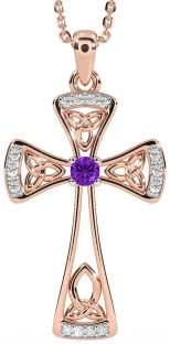 Diamond Amethyst Rose Gold Silver Celtic Cross Necklace